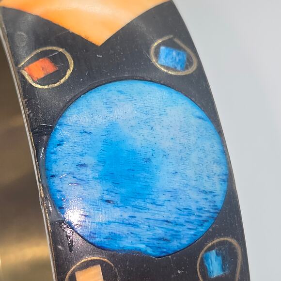 VTG MCM Atomic Cosmic 3/4” Brass Bangle BK OR & BL Bovine Bone Inlay SZ 8.75 - Picture 6 of 10